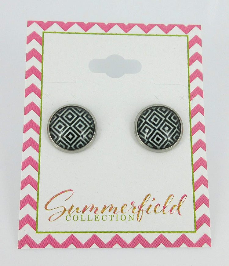 Stainless Steel Black and White Geometric Print Glass Stud Earrings 12mm