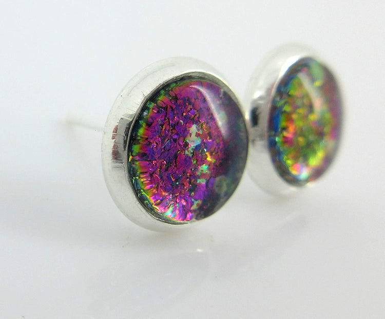 Silver-tone Aqua Blue and Purple Glitter Glass Stud Earrings Hand-painted 8mm