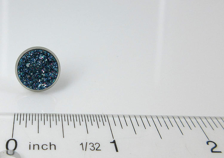 Stainless Steel Purple Silver and Blue Glitter Faux Druzy Stone Stud Trio Earrings Set
