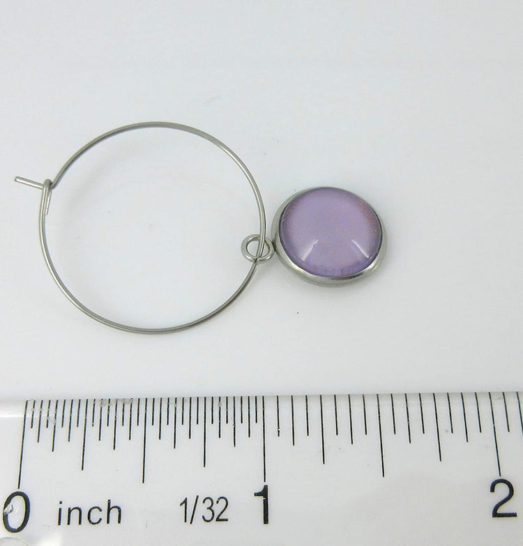 Stainless Steel Lavender Purple Glass Charm Hoop Earrings Hand-painted 1"