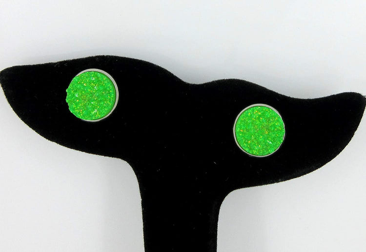 Stainless Steel Neon Pink Orange Yellow Green Faux Druzy Glitter Stone Stud Earrings Set (12mm)