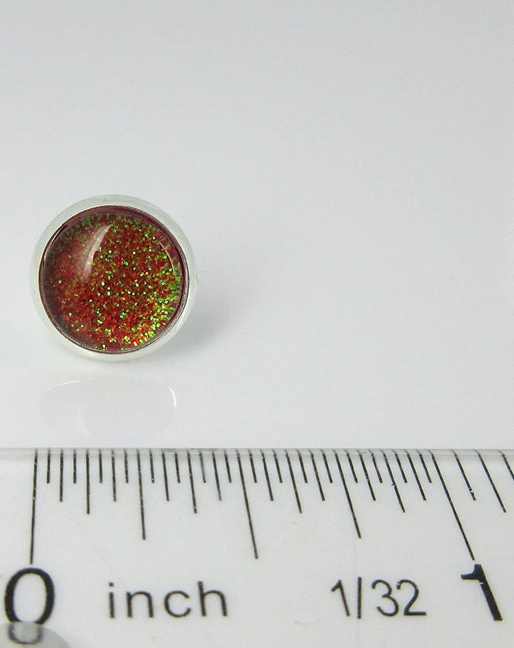 Silver-tone Red and Green Glitter Glass Stud Earrings Hand-painted 10mm