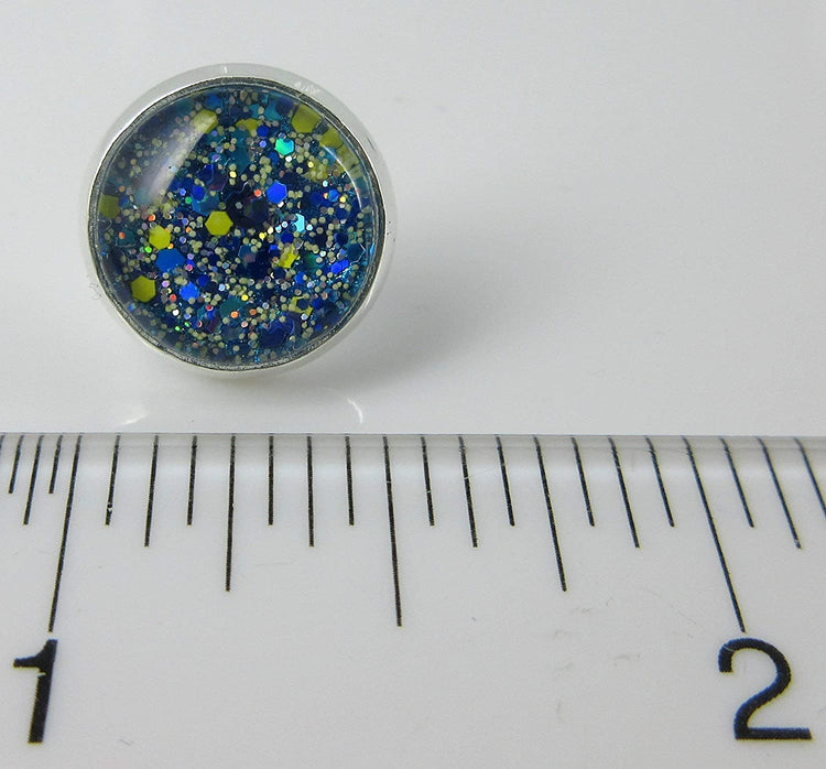 Silver-tone Blue Yellow Holographic Glitter Glass Stud Earrings Hand-painted 12mm