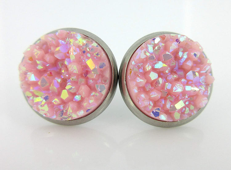Duo Stud Earrings Stainless Steel Pink and Blue AB Faux Druzy Stone 12mm Set