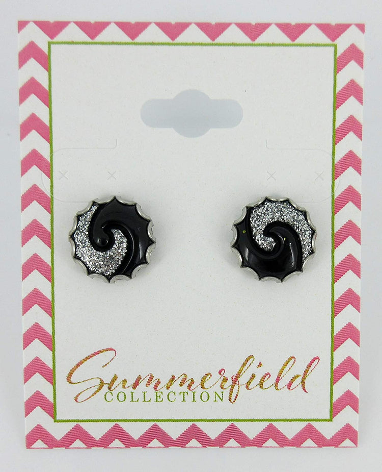 Stainless Steel Black and Silver Glitter Swirl Resin Stud Earrings 12mm