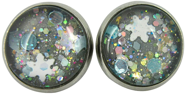 Stainless Steel Gray Snowfall Glitter Glass Stud Earrings Hand-painted 12mm
