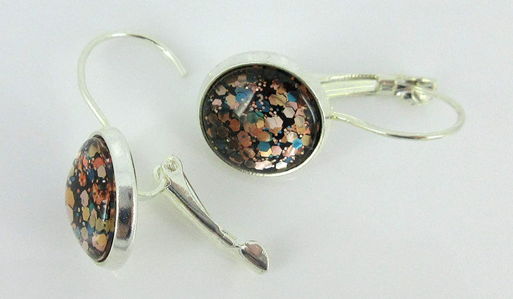 Silver-tone Black and Multi-Color Confetti Glitter Glass Lever-back Drop Earrings Hand-painted