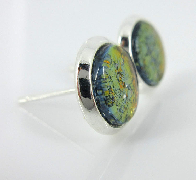Silver-tone Bronze and Purple Glitter Glass Stud Earrings Hand-painted 8mm