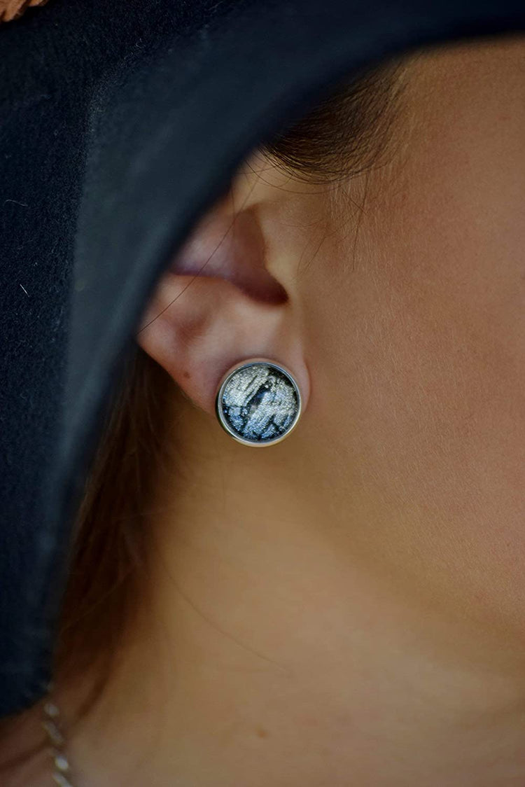 Silver-tone Black Shattered Glitter Glass Stud Earrings Hand-painted 12mm