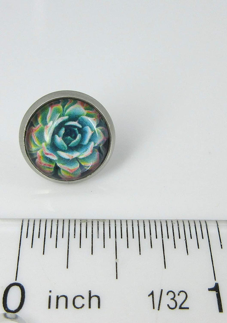 Stainless Steel Succulent Plant Print Glass Stud Earrings 12mm