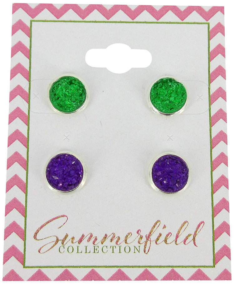 Duo Silver-tone Deep Purple and Green Faux Druzy Stone Stud Earrings 8mm Set