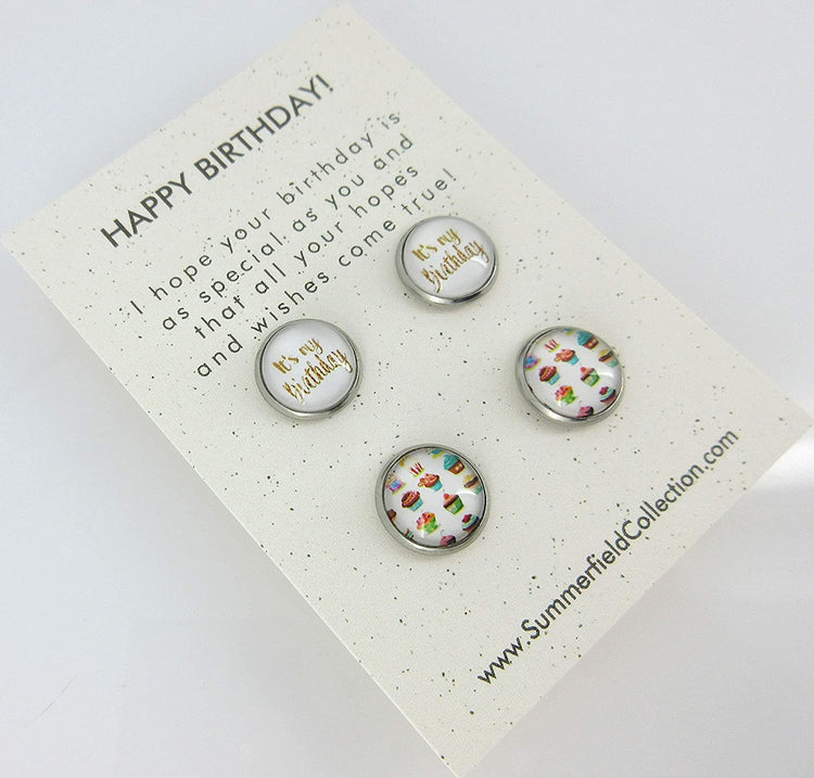 Duo Stud Earrings Stainless Steel Happy Birthday and Cupcake Print Glass 12mm Set