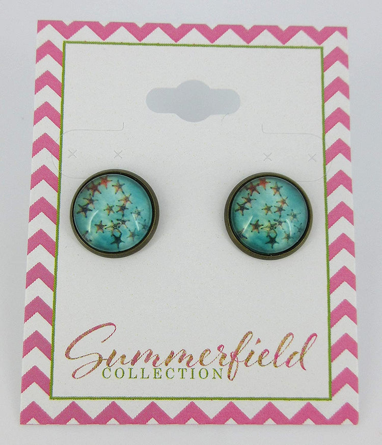 Antiqued Gold-tone Sea and Starfish Print Glass Stud Earrings 12mm