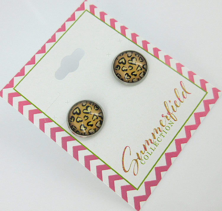 Stainless Steel Heart Cheetah Animal Print Glass Stud Earrings 12mm Black Brown
