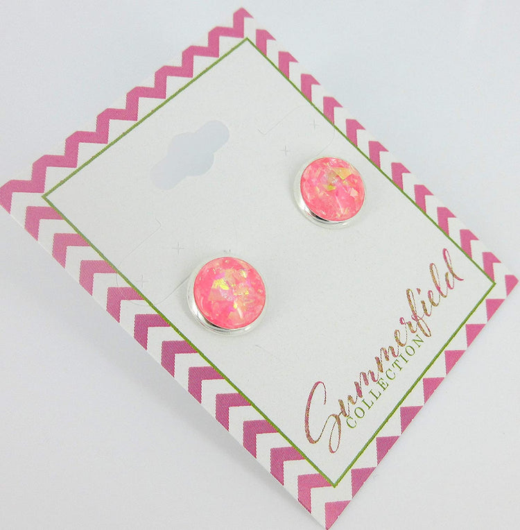 Shiny Silver-tone Opalescent Leaf Resin Stud Earrings 10mm (Cotton Candy Pink)