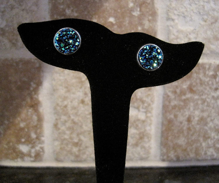 Silver-tone Blue Faux Druzy Stone Stud Earrings 12mm