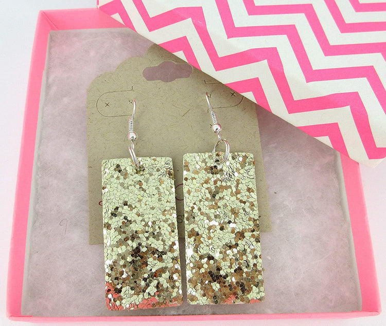 Gold Glitter Faux Leather Large Rectangle Dangle Earrings