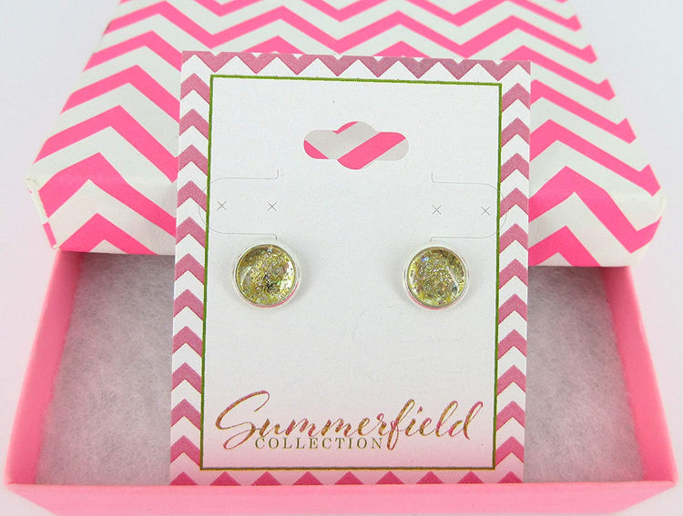 Silver-tone Yellow Gold Glitter Glass Stud Earrings Hand-painted 8mm