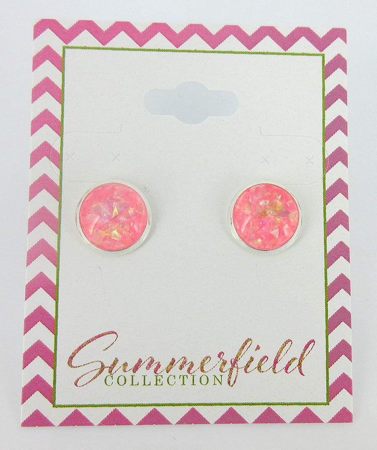 Shiny Silver-tone Opalescent Leaf Resin Stud Earrings 10mm (Cotton Candy Pink)
