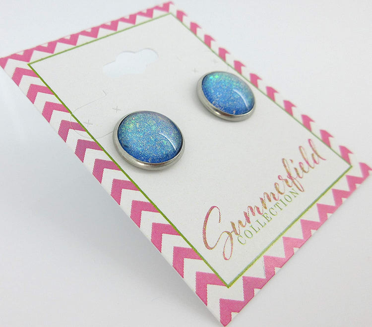Stainless Steel Sky Blue and Rainbow Glitter Flake Glass Stud Earrings Hand-painted 12mm