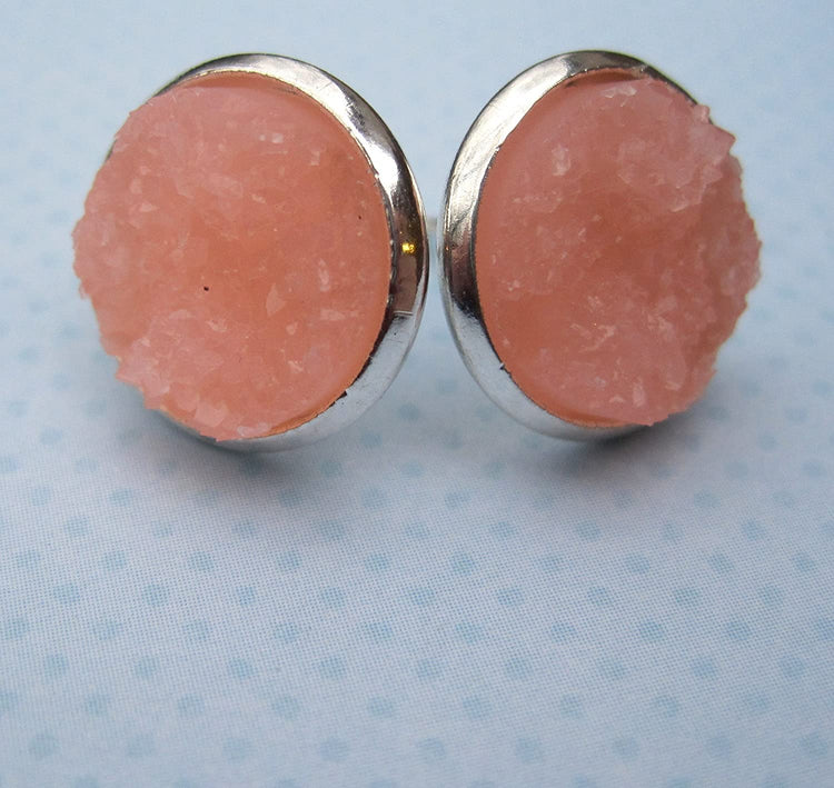 Silver-tone Peach Pink Faux Druzy Stone Stud Earrings 12mm
