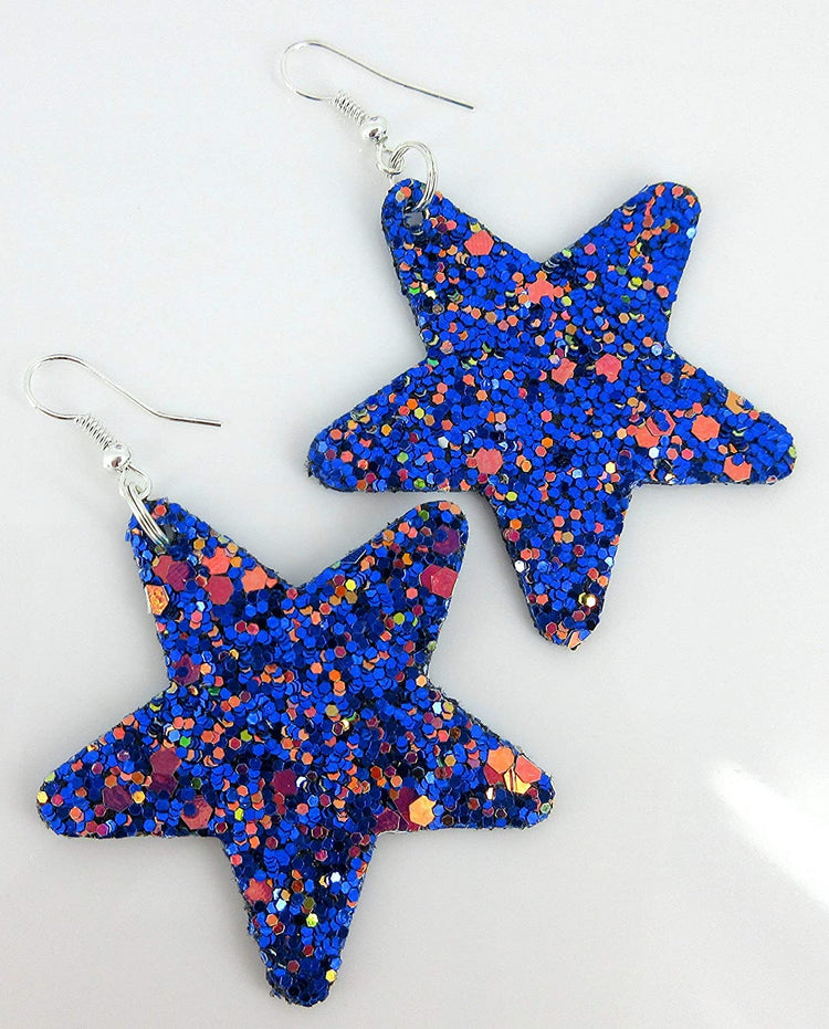 Glitter Faux Leather Large Star Dangle Earrings