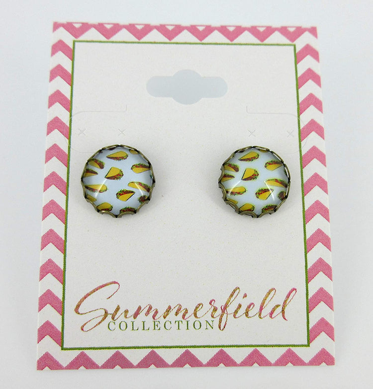 Antiqued Gold-tone Taco Print Glass Stud Earrings 12mm