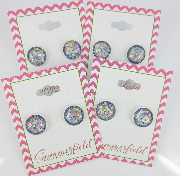 Silver-Tone Blue Pastel Periwinkle Glitter Glass Stud Earrings 1/2" Round