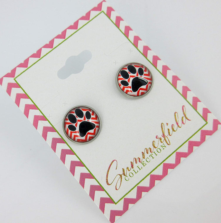 Stainless Steel Red Chevron and Black Paw Print Pink Glass Stud Earrings 12mm