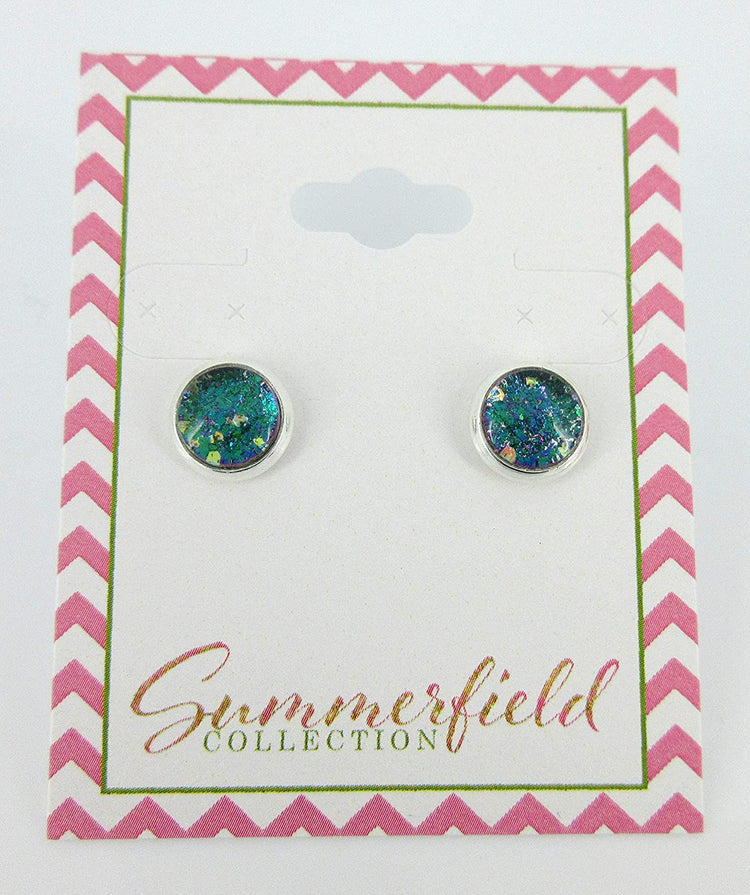 Silver-tone Aqua Blue and Purple Glitter Glass Stud Earrings Hand-painted 8mm