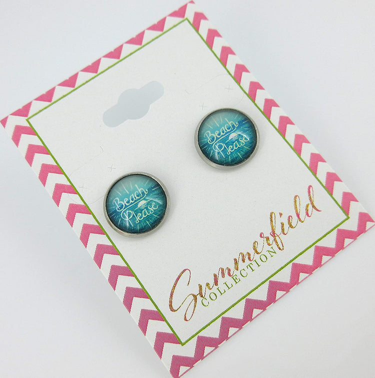 Stainless Steel Beach Please Print Glass Stud Earrings 12mm