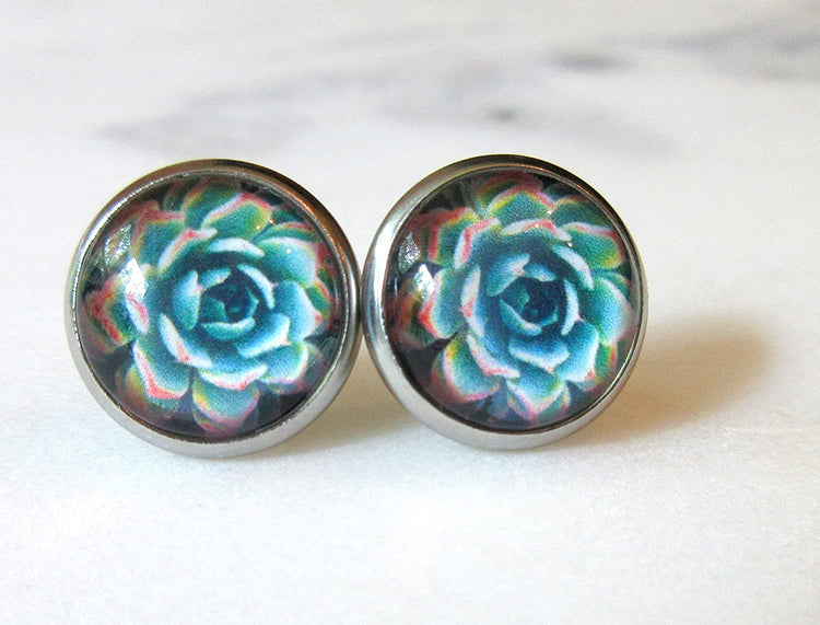 Stainless Steel Succulent Plant Print Glass Stud Earrings 12mm