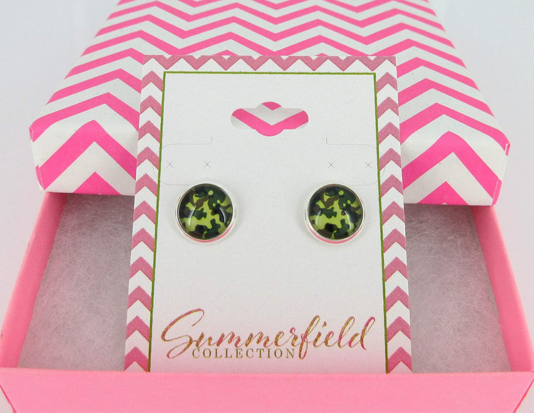 Silver-tone Green Camo Print Glass Stud Earrings 10mm