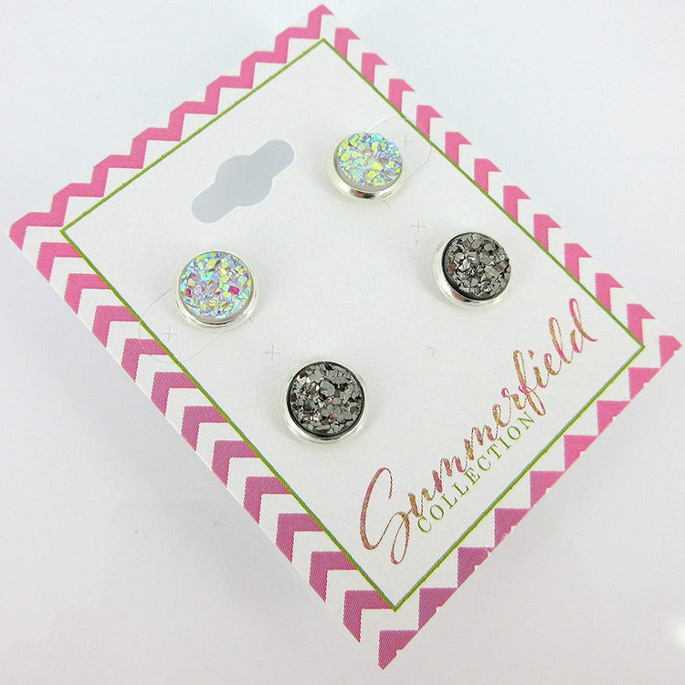Duo Silver-tone Clear AB and Gunmetal Faux Druzy Stone Stud Earrings 8mm Set