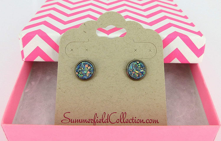 Hematite-tone Faux Druzy Stone Stud Earrings 8mm
