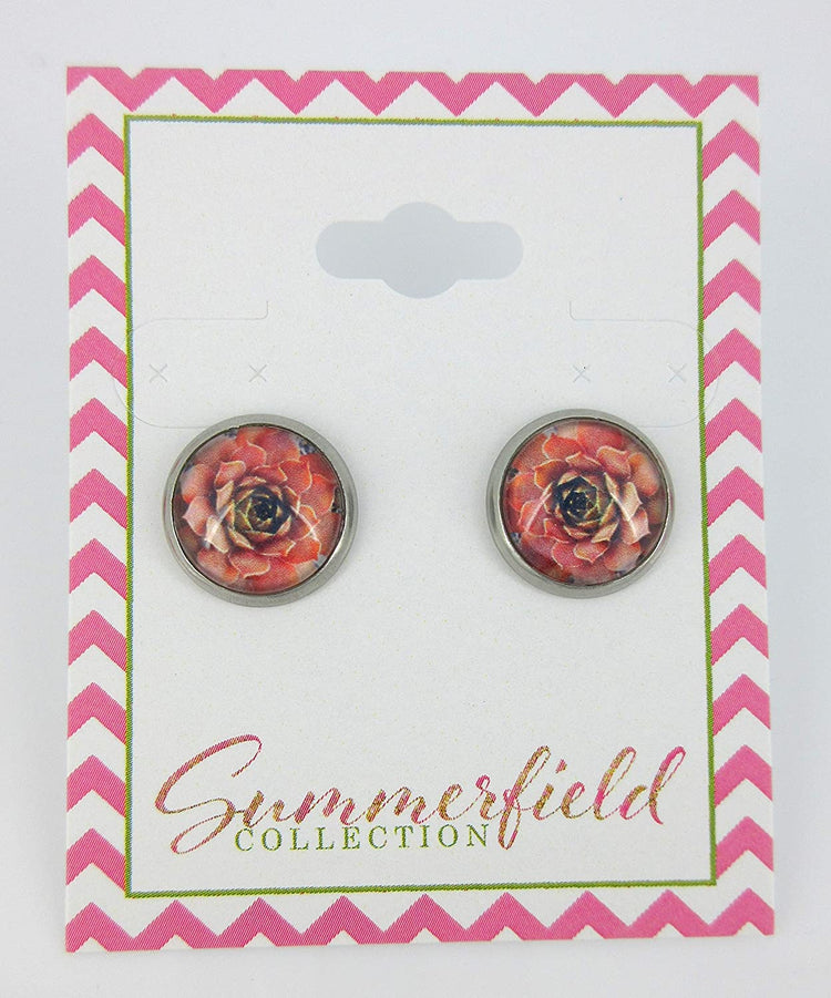 Stainless Steel Coral Succulent Plant Print Glass Stud Earrings 12mm
