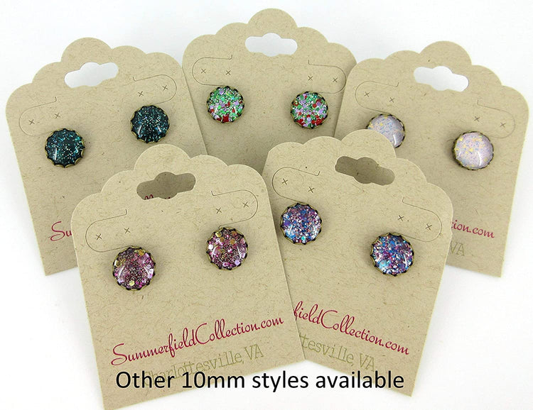 Antiqued Gold-tone Purple Glitter Glass Stud Earrings Hand-painted 10mm