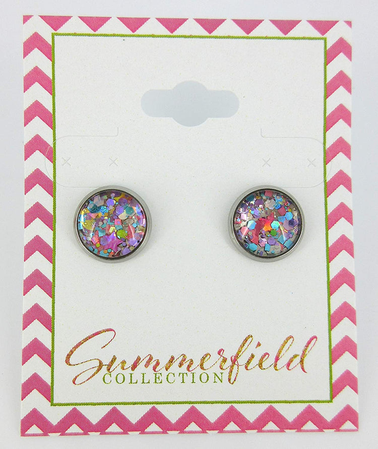 Stainless Steel Metallic Pastel Glitter Glass Stud Earrings Hand-painted 10mm