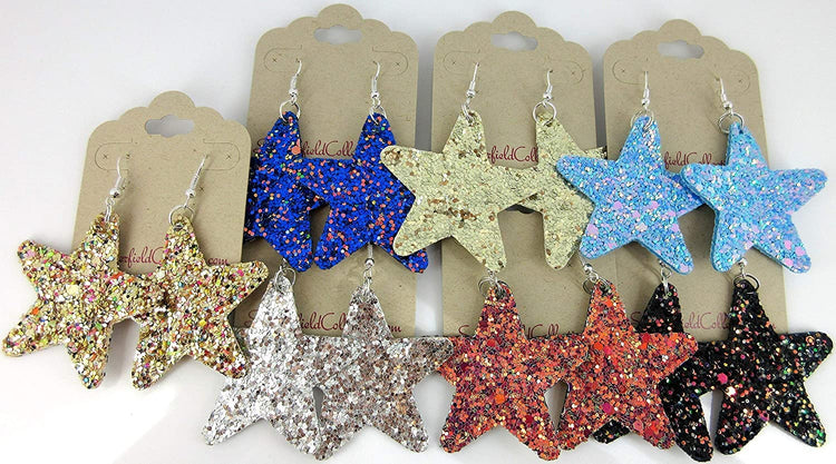 Pink Glitter Faux Leather Large Star Dangle Earrings