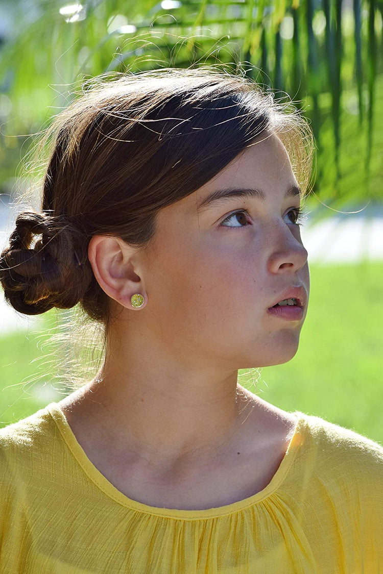 Silver-tone Yellow AB Faux Druzy Stone Stud Earrings 8mm