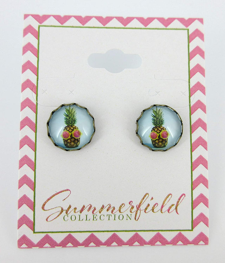 Antiqued Gold-tone Pineapple Print Glass Stud Earrings 12mm