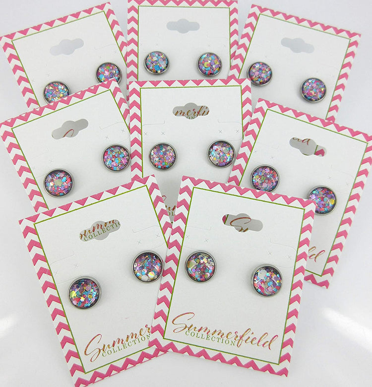 Stainless Steel Metallic Pastel Glitter Glass Stud Earrings Hand-painted 10mm