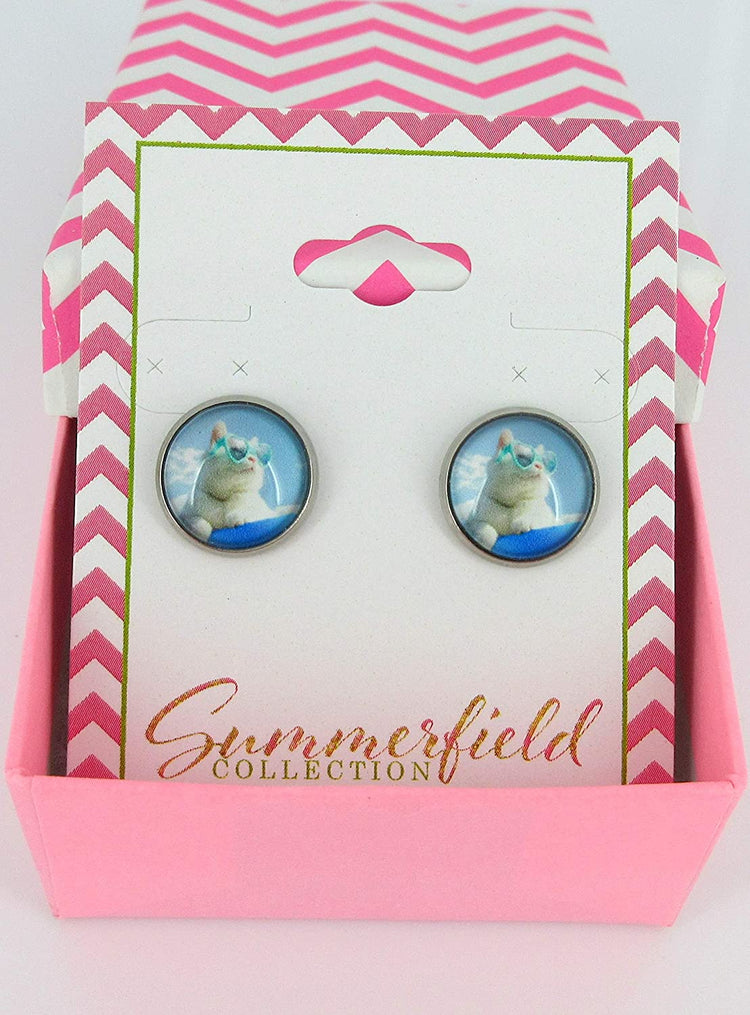 Stainless Steel Cruising Cool Cat in Sunglasses Print Glass Stud Earrings 12mm