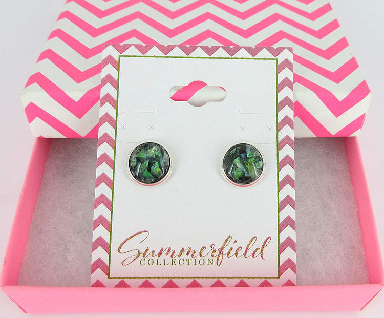 Shiny Silver-tone Black and Opalescent Leaf Resin Stud Earrings 10mm