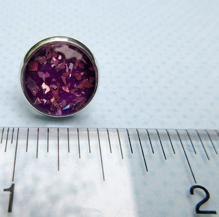 Silver-tone Purple Shard Glitter Glass Stud Earrings Hand-painted 12mm