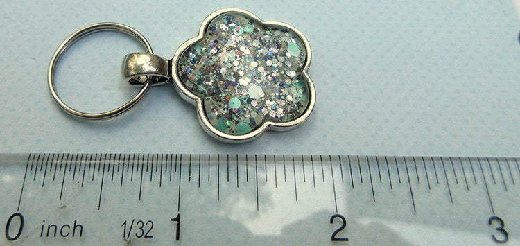 Antiqued Silver-tone Mint Green Glitter Glass Flower Keychain Hand-painted