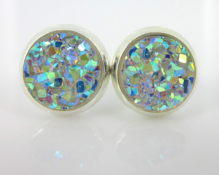 Duo Silver-tone Clear AB and Gunmetal Faux Druzy Stone Stud Earrings 8mm Set