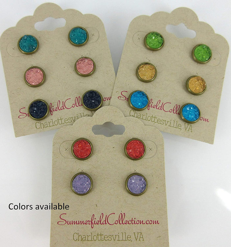 Trio Antiqued Gold-tone Stud Earrings 8mm Teal Pink Navy Blue Faux Druzy Stone Set (Green/Yellow/Blue)