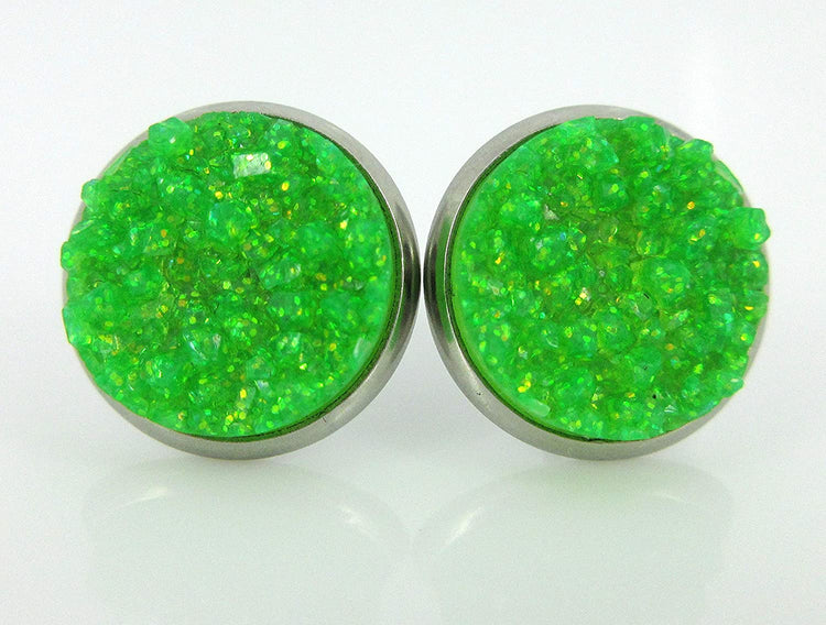 Stainless Steel Neon Pink Orange Yellow Green Faux Druzy Glitter Stone Stud Earrings Set (12mm)