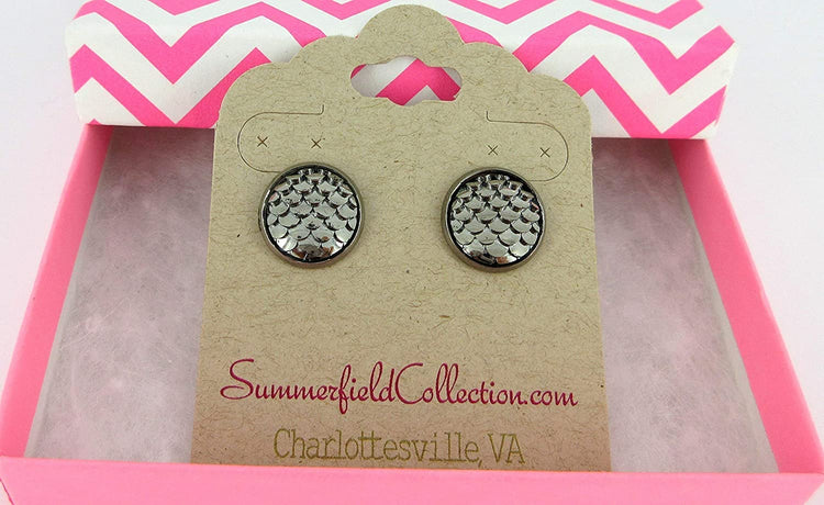 Hematite-tone Metallic Dragon Scale Stud Earrings 12mm Gunmetal Gray Mermaid